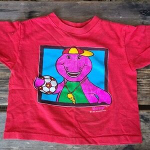 VINTAGE T.A.G BARNEY LYONS SZ 4T VGUC RED purple Dinosaur Print tee T-shirt 1993
